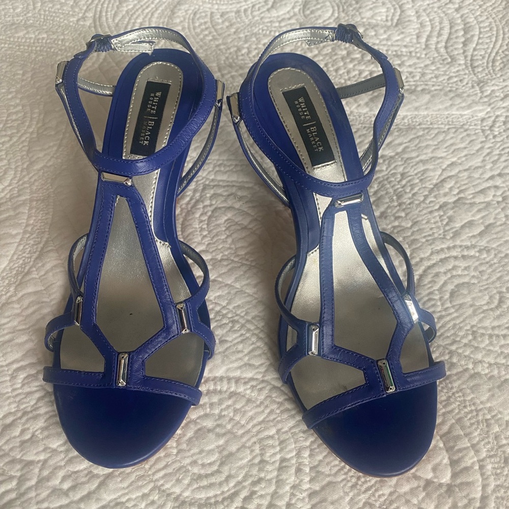 White House Black Market Blue Heels with Intricate Straps